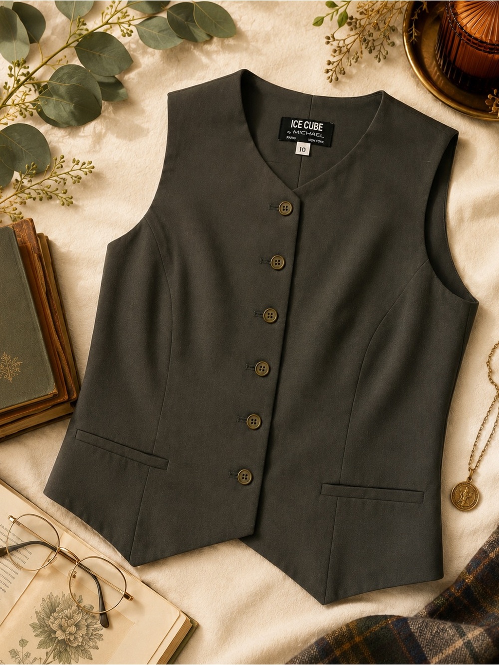 Vintage Olive Gray Tailored Waistcoat Vest Size 10 Ice Cube by Michael
